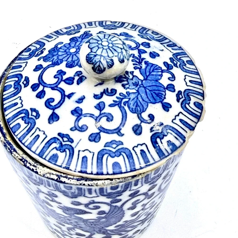 Antique Morimura Bros Blue White Porcelain Phoenix Lidded Jar Cup Japan
